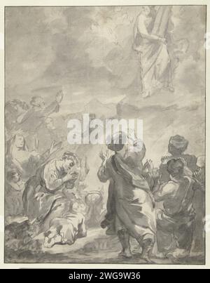 Moses, der vom Berg Sinai mit den zehn Geboten absteigt, Ferdinand Bol, um 1664 Zeichenpapier. Kreide. Tintenpinsel Moses auf dem Sinai mit den Tabellen des Gesetzes (2. Mose 24:9-18, 31:18) Stockfoto