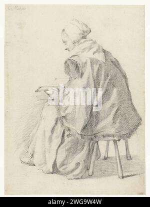 Sitzende Frau, Reading a Book, Constantijn Verhout, um 1650 - um 1660 Zeichnung Design für einen Druck. Gouda-Papier (möglicherweise). Kreide sitzende Figur - AA - weibliche menschliche Figur. Messwert Stockfoto