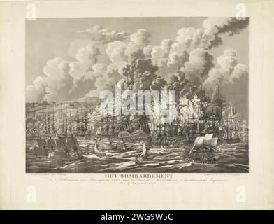 Bombardement van Algiers, 1816, Jan Anthonie Langendijk DZN, 1816 drucken die Bombardements von Algier in der Nacht vom 26-27. August 1816 durch die englisch-niederländische Flotte unter dem Kommando von Lord Exmouth und Jonkheer van Capellen. Die brennenden Schiffe der Piraten verließen die Stadt auf einem Hügel. Niederlande Papierätzung Beschuss  Belagerung (+ Segelschiffe). Bombardierung (+ Segelschiffe) Algier Stockfoto