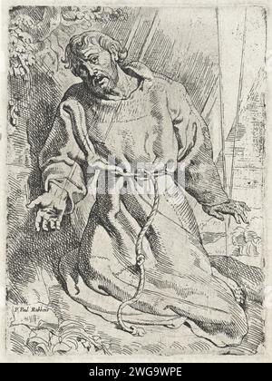 H. Franziskus von Assisi erhält die Stigmata, Anonym, nach Peter Paul Rubens, 1598–1690 Druck der Heilige Franziskus von Assisi kniet auf einem Berg, wo er die Stigmata erhält. Druckhersteller: Low CountriesPrint Maker: Low CountriesAfter Design by: Antwerp Paper Etching St. Franziskus von Assisi in Ekstase Stockfoto