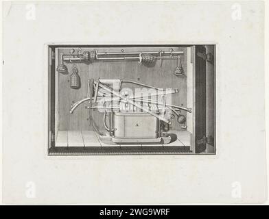 Wie das Schlauchspray und die Pumpe nach der Verwendung im Sprühhaus gelagert werden sollten, ca. 1720, 1880 - 1882 Drucke Eine Leistung, wie der Schlauch-Sprühnebel und die Pumpe nach der Verwendung im Sprühhaus gelagert werden sollten, ca. 1720. Ist einer der Abzüge aus dem Feuersprühbuch von Jan van der Heyden. Nordholland Papierätzgeräte für Feuerlöschgeräte Stockfoto