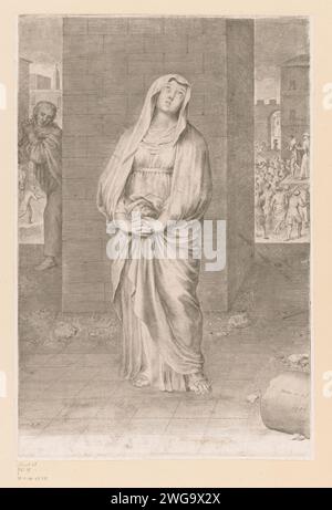 Maria an einer Wand mit Christus im Hintergrund, Claude Mellan, 1685 Druck Frankreich Papierstich Pilatus zeigt Christus dem Volk, 'Ostentatio Christi', 'Ecce Homo' (Johannes 19,4-6) (+ Maria) Stockfoto