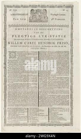 "Sgravenhaegse Vrydagse Courant vom 4. Februar / detaillierte Beschreibung der Pegy-Lyk-Station Wylen zylen High-vastdelyke Doorluchtigheyt, Willem Carel Hendrik Friso (...), 1752 Folge der Sgravenhaegse Vrydagse Courant vom Freitag, 4. Februar 1752, mit einer Beschreibung der Trauerprozession von Stadholder Wilhelm IV., wie sie an diesem Tag in Delft stattfand. Doppelt gefaltetes Blatt auf vier Seiten, die ersten beiden Seiten mit Trauerrändern. Der Haager Buchdruck Delft Stockfoto