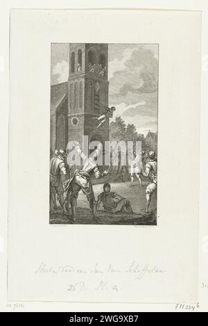 Jan van Schaffelaar springt vom Turm, 1482, 1792 Druck Jan van Schaffelaar springt vom Turm von Barneveld, 16. Juli 1482. Niederlande Papierätzung Selbstaufopferung, Tod im Dienste eines höheren Zwecks Barneveld Stockfoto