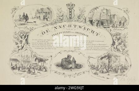 KermisSprent der Amsterdam Night Watch for the Year 1850, Anonym, 1850 Print KermisStrent der Amsterdam Night Watch (Ratelwacht), September 1850. Vier Aufführungen der Messe auf den Amsterdamer Plätzen. Am Boden einer Vignette mit der Kleidung und den Instrumenten der Nachtwache: Ein hoher Hut, eine Laterne, ein Seil und eine Ratsche. Mit einem Vers in zwei Spalten. Druckerei: Niederlandsprinter: Amsterdam Paper Night Patrol. Vergnügungsmesse und Zirkus Amsterdam Stockfoto