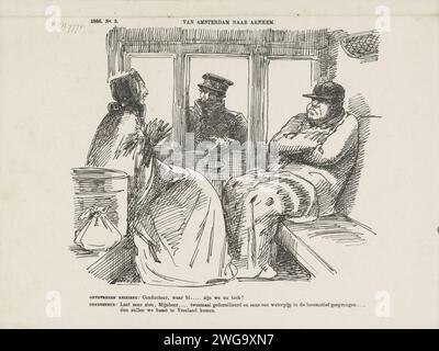 Cartoon on the many Unfalls on the Rhijnspoorweg, 1866, 1866 Print Cartoon on the many Unfalls of the Rhijnspoorweg in dieser Zeit. Zwei unzufriedene Passagiere sprechen mit dem Schaffner in einem Zug. Plaat trat beim Weekblad de Nederlandsche Spectator auf, nein 5., 3. Februar 1866. Druckerei: Netherlandsprinter: Netherlandspublisher: Arnhempublisher: Der Haager Papierzugzug Stockfoto
