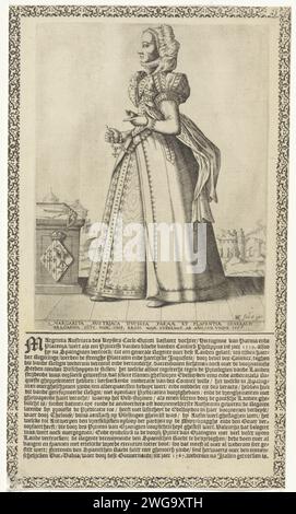 Porträt von Margaretha van Parma, Gouverneure der Niederlande, Karel van SiChem, nach Christoffel van SiChem (I), vor 1611 Druck Porträt von Margaretha van Parma, Gouverneure der Niederlande. Sie hält ein Stück Papier in der einen Hand und einen Rosenkranz in der anderen. Neben ihr befindet sich ein zweiter Rosenkranz auf einem durchdringenden Stall und ein weiteres Stück Papier, an dem Sockel ist ihr Wappen. Im Hintergrund eine Landschaft mit einer Stadt auf einem Fluss. Am unteren Rand des Abdrucks befinden sich ihr Name, ihre Titel und ihre Funktion. Unter dem gedruckten Text im Buchdruck, mit einem ornamentalen Rahmen. Amsterdam (evtl.) S Stockfoto