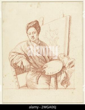 Porträt eines Malers an einem Esel, Anonym, 1700 - 1800 Zeichnung Porträt eines Malers, der auf einem Esel sitzt, mit einer Palette in der Hand. Papier. Kreideporträt, Selbstporträt des Künstlers. Maler bei der Arbeit, in seinem Atelier. Werkzeuge, Arbeitsgeräte des Malers. Anonyme historische Person porträtiert. Studium; „studiolo“; Bibliothek Stockfoto