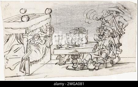 Szene mit rauchenden und trinkenden Männern, um 1653, die drei Soldaten an einem Tisch neben einem Bett mit einem rauchenden Mann zeichnen. Zwolle Papier. Tinte. Kreide Stockfoto