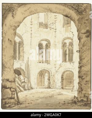 Blick auf die Kapelle des Valkhofes in Nijmegen, Abraham Rademaker, nach Willem Schellinks, 1685 - 1735 Zeichnung Innenraum der Sint-Nicolaaskapel am Valkhof in Nijmegen. Papier. Tinte. Bleistift / Pinselkirche (außen) Sint-Nicolaaskapel (Valkhof). Valkhof. Nijmegen Stockfoto