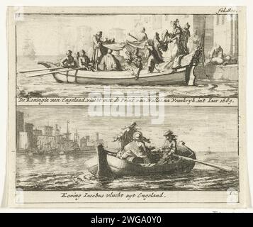 Flug vom König und der Königin nach Frankreich, 1688, 1688 - 1689 Print Leaf mit zwei Aufführungen. Über dem Flug der Königin Maria von Modena nach Frankreich, 19. Dezember 1688. Unter dem Flug von König Jacobus II. Nach Frankreich, 20. Dezember 1688. Oben rechts markiert: Fol. 800. Nordniederländische Papierätzung Flucht des Herrschers vor dem Gegner Stockfoto