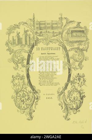 KermisStrent der Amsterdamer Nachtwache für das Jahr 1853, Friedrich Robert Prinz, 1853 Druck KermisStrent der Amsterdamer Nachtwache (Ratelwacht), 12. September 1853. Drei Aufführungen mit dem Gebäude, dem Eingangstor und dem Musikzelt von Artis, zwischen Laubstöcken. Ein Gedicht in fünf Versen. Niederlande Papier Buchdruck Nachtpatrouille. zoo (als Erholungsort) Amsterdam. Artis Stockfoto