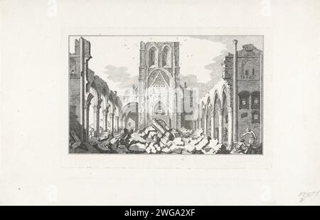 Ruine der Grote Kerk van Bergen op Zoom, 1748, 1772 - 1780 Druckruine des Innenraums der Grote Kerk (Sint-Gertrudiskerk) von Bergen op Zoom im Jahr 1748. Teil der Serie mit zehn Gesichtern der Ruinen nach der Belagerung und der Zerstörung von Bergen op Zoom durch die Franzosen im Juni-September 1747 . Nordholländische Papierätzung verwüstet, ruiniert Ort oder Stadt ( Krieg). Ruine der Kirche, des Klosters usw. Bergen op Zoom Stockfoto