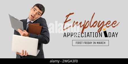 Festliches Banner für den Tag der Mitarbeiterwertschätzung mit einem geschäftigen Geschäftsmann Stockfoto