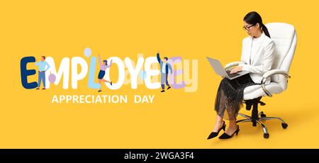 Festliches Banner für den Mitarbeitertag mit asiatischer Geschäftsfrau auf Laptop Stockfoto