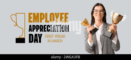 Festliches Banner für den Tag der Mitarbeiterwertschätzung mit einer jungen Geschäftsfrau, die Goldbecher hält Stockfoto