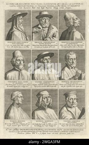 Neun Porträts griechischer Gelehrter, Theodoor Galle, 1581–1633 drucken die Porträts von neun griechischen Gelehrten: Basilios Bessarion (Kardinal von Nicea), Manuel Chrysoloras (Literist), Demetrius Chalcocondyles (Professor Griechisch), Theodorus Gaza (Humanist), Johannes Argyopos (Literist), Georgius (Seagius Trapezeuntius), Philosoph), Michael Tarhanius (Literist) und Johannes Lasus (Literist). Alle mit der Brust nach rechts. Der Druck hat eine lateinische Oberseite und Beschriftung und jedes Porträt hat eine lateinische Beschriftung .. Antwerpener Papiergravur Stockfoto