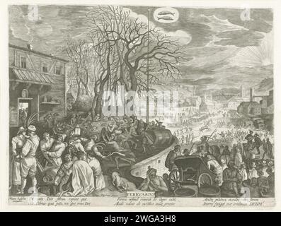 Februar, Giles Sadeler (2), nach Pieter Stevens (1), nach Pieter Stevens (2), 1624 - ca. 1650 Druck links im Vordergrund, für eine Taverne, eine Karnevalsfeier: Menschen essen, trinken und erzwingen. In der Mitte eines Schlittens. Rechts eine Bühne mit maskierten Figuren. Im Hintergrund ein Kampf mit einem Stier und Gesicht in einem Dorf. Mitten in der Sternenfischerei. Der Druck hat eine lateinische Unterschrift. Printmacher: Praagpublisher: Venedig Papierstich Februar und seine „Arbeiten“ (+ mit Sternzeichen). Faschingsdienstag, "Mardi Gras"  nicht-liturgische Feiern des Karnevals. Maske. Gruppe von Stockfoto