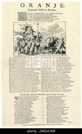 Allegorie zur Ernennung von Willem III. Zum Hauptmann, 1672, Romeyn de Hooghe (zugeschrieben), 1672 Druckschrift Leaf mit einer Performance und Gedichten zu Ehren der Ernennung von Wilhelm III. Zum Hauptmann, 25. Februar 1672. Der Abdruck zeigt die Ankunft des Triumphwagens von Wilhelm III. Der niederländische Löwe leitet das Auto. Der Neid wird von den Pferden zertreten. Personifizierungen der sieben Provinzen sehen aus. Drei verschiedene Verse über und unter der Platte. Druckerei: Nord-Niederlande Spublisher: AmsterdamAmsterdam Papierätzung / Buchdruck symbolische Triumphe einzelner Personen Stockfoto