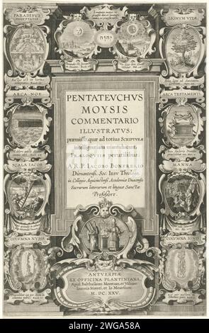 Titelpagina voor Jacobus Bonfrerius, Pentateuch Moses Commentary Illustratus, Theodoor Galle, 1625 print Central ein rechteckiger Rahmen mit dem Titel des Buches. Um den Rahmen für einige Kartuschen mit Aufführungen des Alten Testaments. Von links nach rechts die Rauchsäule, Jakobs Leiter, die Arche Noah, das irdische Paradies, die Sonne, der Mond, der Baum des Lebens, die Bundeslade, Manna, die Feuersäule und Mose und Aaron. Antwerpener Papiergravur tagsüber zeigt eine Wolkensäule (und/oder der Engel Gottes) den Menschen den Weg. Bei Nacht gibt eine Feuersäule den Israeliten Stockfoto