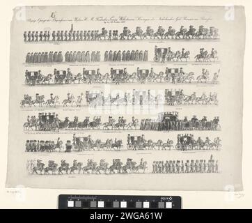 Senkrecht zur Beerdigung des verstorbenen H.M. Frederika Louisa Wilhelmina, Königin der Niederlande B. Prinzessin von Preußen. Am 26. Oktober 1837 druckte 1837 die Trauerprozession von Königin Wilhelmina van Pruisen, 26. Oktober 1837. Die Prozession ist in sieben Reihen übereinander mit einer kurzen Beschriftung unter jedem der verschiedenen Teile dargestellt. Niederlande Papierkortege, Trauerprozession Stockfoto