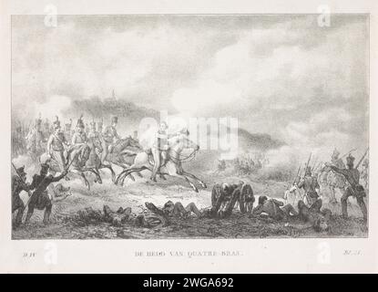 Prinz von Orange führt die niederländischen Truppen in Quatre-Bras, 1815, Anonym, nach Reinier Vinkeles (I), 1815–1818 Druck Willem Frederik George, Prinz von Orange, führt den Angriff der niederländischen Truppen auf die Franzosen in der Schlacht von Quatre-Bras, 16. Juni 1815. Dl. IV/bl. 21 '. Niederlande Papierkampf (+ Landstreitkräfte) achtzig-weiß Stockfoto