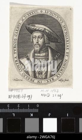 Porträt von Ludwig II., König von Böhmen und Ungarn, Hieronymus Wierix, 1563 - vor 1619 Druck Er trägt eine Kette mit dem Orden des Goldenen Vlieses. Antwerpener Papiergravur des Ritterordens vom Goldenen Vlies Stockfoto