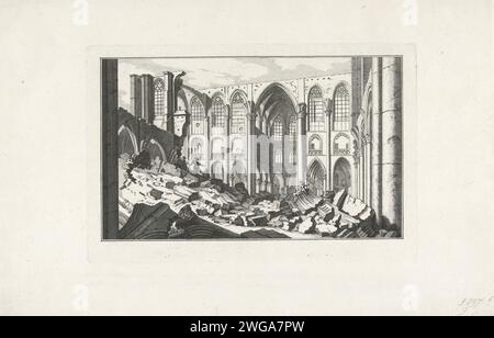 Ruine der Grote Kerk van Bergen op Zoom, 1748, 1772 - 1780 Druckruine des Innenraums der Grote Kerk (Sint-Gertrudiskerk) von Bergen op Zoom im Jahr 1748. Teil der Serie mit zehn Gesichtern der Ruinen nach der Belagerung und der Zerstörung von Bergen op Zoom durch die Franzosen im Juni-September 1747 . Nordholländische Papierätzung verwüstet, ruiniert Ort oder Stadt ( Krieg). Ruine der Kirche, des Klosters usw. Bergen op Zoom Stockfoto