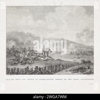 Prinz von Orange führt die niederländischen Truppen in Quatre-Bras, 1815, Reinier Vinkeles (I), nach Mattheus Ignatius van Bree, 1815–1816 Druck Willem Frederik Georg, Prinz von Orange, führt den Angriff der niederländischen Truppen auf die Franzosen in der Schlacht von Quatre-Bras, 16. Juni 1815. Teil einer Gruppe von Illustrationen von Ereignissen rund um und während der Schlachten bei Quatre-Bras und Waterloo, 16. Bis 18. Juni 1815. Niederlande Papierätzung / Gravur Kampf (+ Landstreitkräfte) achtzig-weiß Stockfoto