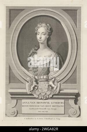 Porträt Anna van Hannover, zukünftige Prinzessin von Oranje-Nassau, Jan Caspar Philips, nach H. Hysing, 1733 Druck Amsterdamer Papierstich Wappen (Symbol der Souveränität) - BB - weibliche Herrscherin Stockfoto