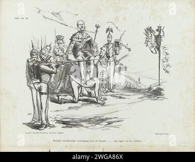 Cartoon über den deutschen Kaiser Wilhelm I., 1862, 1862 Print Cartoon über den deutschen Kaiser Wilhelm I., der beobachtet, wie Schützen den Adler der Verfassung unter Feuer nehmen. Plaat trat beim Weekblad de Nederlandsche Spectator auf, nein 14./5. April 1862. Druckerei: Netherlandsprinter: Netherlandspublisher: Arnhempublisher: Das Haager Papierziel ( Scharfschießen) Preußen Stockfoto