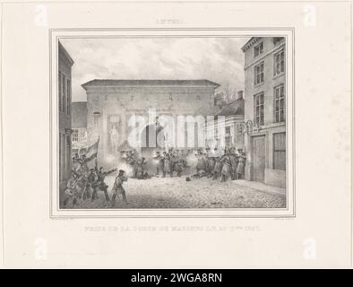 Eroberung des Mechelse-Poorts in Antwerpen, 1830, Jean-Louis van Hemelryck, 1830 Druck Legion der belgischen Freiwilligen erobern den Mechelse-poort in Antwerpen, 27. Oktober 1830. Teil einer Gruppe von Druckgrafiken aus verschiedenen anderen Serien, aber hinzugefügt in The Recueil über die Ereignisse während der belgischen Revolution in Brüssel, Antwerpen und anderen Städten im Zeitraum vom 25. August 1830 bis zum 27. März 1831. Brüsseler Papierkämpfe, Unruhen Antwerpen Stockfoto