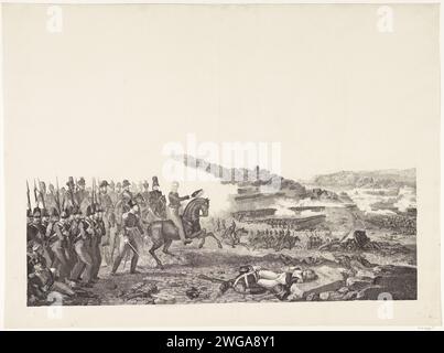 Prinz von Orange führt die niederländischen Truppen in der Schlacht von Quatre-Bras, 1815, 1817 – 1818 Druck der Prinz von Orange führt die niederländischen Truppen in der Schlacht von Quatre-Bras, 16. Juni 1815. Kämpfe im Hintergrund, französische Soldaten, die im Vordergrund in den Limitsteen von Quatre-Bras starben. Niederlande Papierätzkampf (+ Landstreitkräfte) achtzig-weiß Stockfoto