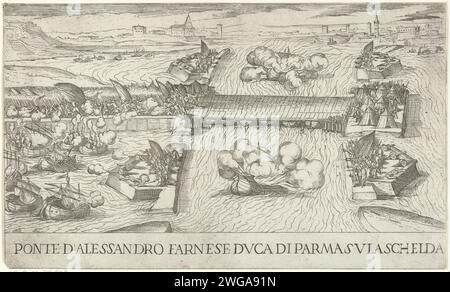 Parma Schiffsbrücke über die Schelde, 1585, 1593 – 1595 Druck die Schiffsbrücke, die der Herzog von Parma über die Schelde, 1585 angelegt hatte. Am Fluss zwei Brenner, links die Schlacht um die Chauwsteinse Dijk, Mai 1585. Italien Papier ätzt Pontonbrücke. Kampf gegen Antwerpen. Waagen Stockfoto