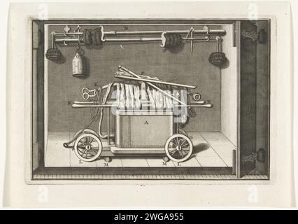 Wie sollte die Schlauchspray- und Pumpe nach Gebrauch in der Sprühhalle gelagert werden, ca. 1750, 1700 - 1799 Eine Darstellung, wie die Schlauchspray- und Pumpe nach Gebrauch in der Sprühhalle gelagert werden sollten, ca. 1750? Gehört zu den Incentives im Feuersprühbuch von Jan van der Heyden. Nordholland Papierätzgeräte für Feuerlöschgeräte Stockfoto