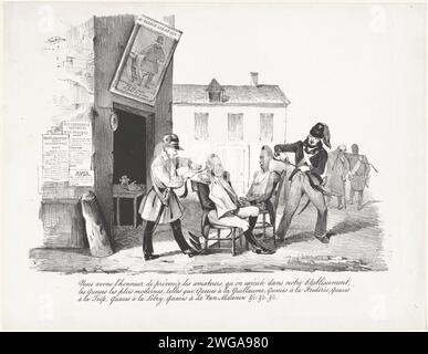 Luikse Barbier, 1830, Anonym, 1830–1831 Cartoon über König Wilhelm I. und Prinz Friedrich, die beide beim Friseur von Lüttich sitzen, 1830. Die Haare des Königs und des Prinzen werden von zwei Friseuren, beide belgische Aufständische, in einem langen Schwanz gekämmt, einer „Warteschlange“. Über der Tür des Friseurladens befindet sich ein Schild mit einem Bild von Jambe de Bois und dem Namen des „Au Barbie Liégeois“-Falls. Mit dreiseitiger Beschriftung. Belgien Papier Friseur, Friseur Shutter Stockfoto