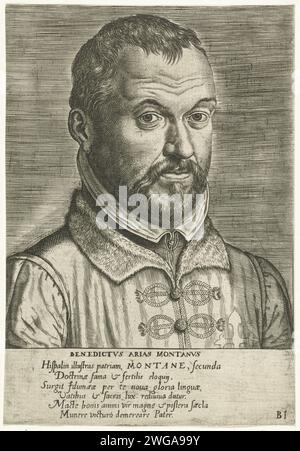 Portret van Benito Arias Montano, Philips Galle, nach Frans Pourbus (I), 1572 gedrucktes Porträt von Benito Arias Montano, einem spanischen Schriftsteller und Theologen. Nach rechts. Nummeriert B1. Der Druck hat eine lateinische Unterschrift und ist Teil einer Reihe berühmter europäischer Gelehrter. Antwerpener Papiergravur Stockfoto