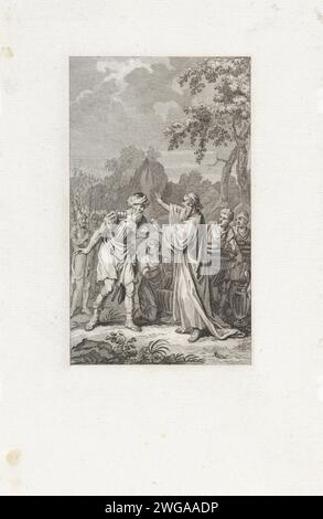 Abrahams Treffen mit Melchisedek, Reinier Vinkeles (I), nachdem Jacobus 1793 Druck kaufte, trifft Abraham den König und Hohepriester Melchiseedek in Salem. Er bringt Brot und Wein und segnet Abraham. Amsterdamer Papiergravur der Begegnung von Abraham und Melchisedek, dem Hohepriester und König von Salem, der Brot und Wein bringt (1. Mose 14,18-20) Stockfoto