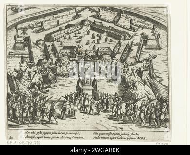 Abriss der Zitadelle von Antwerpen, 1577, 1613 - 1615 Drucken Abriss der Zitadelle von Antwerpen, 28. August 1577. Bourse übergibt den Schlüssel zu Liedekercke, im Hintergrund wird die Festung von den Einwohnern Antwerpens abgerissen. Die wallonischen Soldaten gehen unten links. Mit 4 Zeilen in lateinischer Sprache. Nummeriert: 82. Auf der Rückseite mit lateinischem Text. Nordniederländische Papierätzung Abriss des Gebäudes Zitadelle von Antwerpen (16. Jahrhundert) Stockfoto