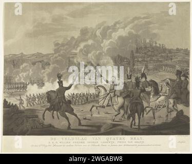 Prinz von Orange führt die niederländischen Truppen bei Quatre-Bras, 1815, Friedrich Christoph Dietrich, 1815 Druck Willem Frederik Georg, Prinz von Orange, führt die niederländischen Truppen gegen einen französischen Angriff während der Schlacht von Quatre-Bras am 16. Juni 1815 an. Zentral der Prinz von Orange zu Pferd zwischen seinen Stabsoffizieren. Links das Treffen zwischen den Niederländern und den französischen Truppen, rechts kommen englische Truppen zur Rettung. Niederlande Papierätzkampf (+ Landstreitkräfte) achtzig-weiß Stockfoto