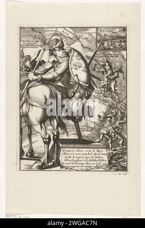 Cartoon über den Kurfürsten von Bayern, 1706, 1706 Print Cartoon über Maximilian II. Emanuel, Kurfürst von Bayern als verkrüppelter Reiter mit einem Holzbein, das auf einem Pferd klettert. Ohne die Verse auf dem Blatt. Teil einer Serie von 19 Karikaturen über die Franzosen und Verbündeten aus dem Jahr 1706. Druckerei: Nord-Niederlande Druck von: Nord-Niederlande Spublisher: Amsterdam Papier, das politische Karikaturen und Satiren ätzt Stockfoto