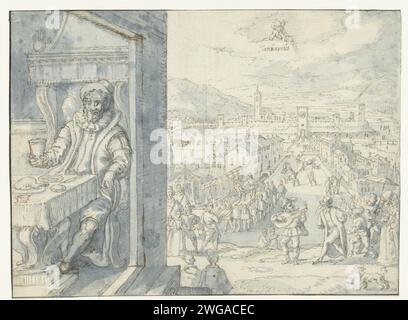 Januar, Joos de Momper (II), 1590 - 1610 Zeichnung des Monats Januar. Links steht ein Mann am Tisch mit Essen und Trinken, er schaut nach rechts, wo man eine Stadt sehen kann. Design für einen Druck. Papier. Tinte. Kreidestift/Pinsel Januar und seine „Arbeiten“. Gedeckter Tisch: Geschirr, Tischdekoration usw. Becher, Becher, Becher. Platz, Ort, Zirkus usw. Stockfoto
