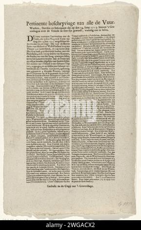 Beschreibung des Feuerwerks bei der Feier des Friedens von Utrecht in den Haag, 1713, 1713 Textblatt Textblatt mit einer Beschreibung in zwei Spalten aller Feuerwerke und anderen Feierlichkeiten bei der Feier des Friedens von Utrecht in den Haag am 14. Juni 1713. Nord-Niederlande-Papier-Buchdruck in den Haag Stockfoto