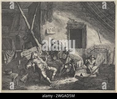Fünf Figuren in einem gasthaus, Jan de Visscher, nach Adriaen van Ostade, 1643 - 1692 drucken gibt es fünf Figuren und einen Hund in einem unordentlichen gasthaus. Drei von ihnen rauchen und trinken am Tisch. An der Wand hängt ein Druck mit einem Bild eines Schwans und Text. Nord-Niederlande Papierätzerei inn, Coffee House, Public House, etc. Drucksachen. Pfeife  Tabak. Hund Stockfoto