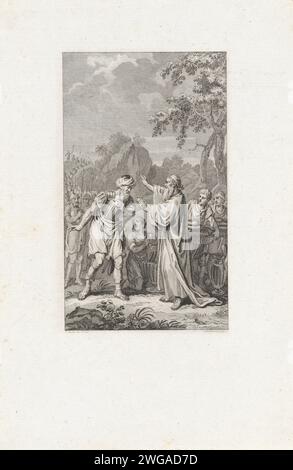 Abrahams Treffen mit Melchisedek, Reinier Vinkeles (I), nachdem Jacobus 1793 Druck kaufte, trifft Abraham den König und Hohepriester Melchiseedek in Salem. Er bringt Brot und Wein und segnet Abraham. Amsterdamer Papiergravur der Begegnung von Abraham und Melchisedek, dem Hohepriester und König von Salem, der Brot und Wein bringt (1. Mose 14,18-20) Stockfoto