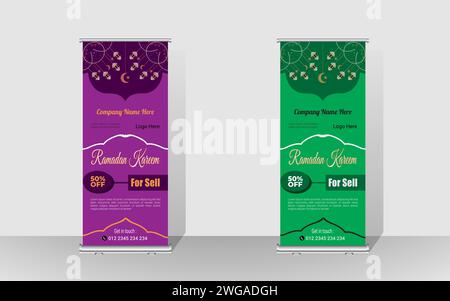 Happy Ramadan Rollup Banner Template Design. Ramadan Sell oder Best Offer Reklametafeln Design. Stock Vektor