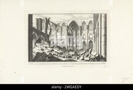 Ruine der Grote Kerk van Bergen op Zoom, 1748, 1772 - 1780 Druckruine des Innenraums der Grote Kerk (Sint-Gertrudiskerk) von Bergen op Zoom im Jahr 1748. Teil der Serie mit zehn Gesichtern der Ruinen nach der Belagerung und der Zerstörung von Bergen op Zoom durch die Franzosen im Juni-September 1747 . Nordholländische Papierätzung verwüstet, ruiniert Ort oder Stadt ( Krieg). Ruine der Kirche, des Klosters usw. Bergen op Zoom Stockfoto