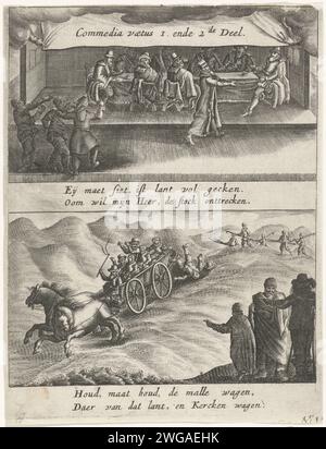 Titeldruck der Broschüre Commedia Vaetus (zweiter Teil), 1612, 1612 - 1618 Titeldruck der Broschüre Commedia Vaetus (zweiter Teil), 1612. Präsentation in zwei Teilen. An der Spitze einer reduzierten Version von Prinz Maurits' Aufführung an einem Tisch mit sieben Herren. Er hält einen Stock in der Hand, an dem ein Mann mit Kopfbedeckung in Form eines Kirchengebäudes den anderen zieht. Im Vordergrund einige Seeleute, die überraschend auf die obige Szene hinweisen. Am Boden des verrückten, albernen Anhängers, aus dem die Passagiere stürzen. Unter jeder Szene ist eine Bildunterschrift mit 2 Zeilen auf Niederländisch. Nord-Niederlande Pape Stockfoto