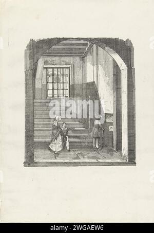 Falle, wo Willem van Oranje ermordet wurde, 1830–1850 drucken Sie die Treppe im Prinsenhof in Delft, wo Willem van Oranje am 10. Juli 1584 von Balthasar Gerards ermordet wurde, wie sie um 1840 zeigte. Ein Mann liest das Textfeld, eine Frau mit einem Jungen kommt die Treppe runter. Niederlande Papiertourismus Prinsenhof Stockfoto
