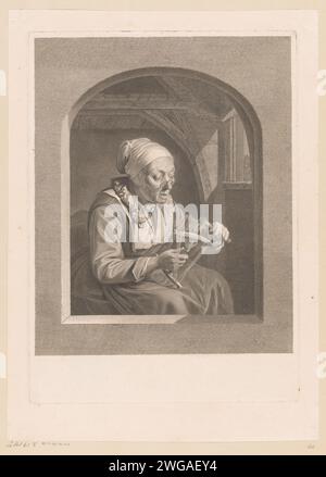 Frau, die Garn auf einer Rolle wickelt, Johann Georg Wille, nach Gerard Dou, 1755 Druck Paris Papiergravur / Ätzwicklung von Garn auf Rollen oder Spulen. Alte Frau. Brillen, Brillen Stockfoto